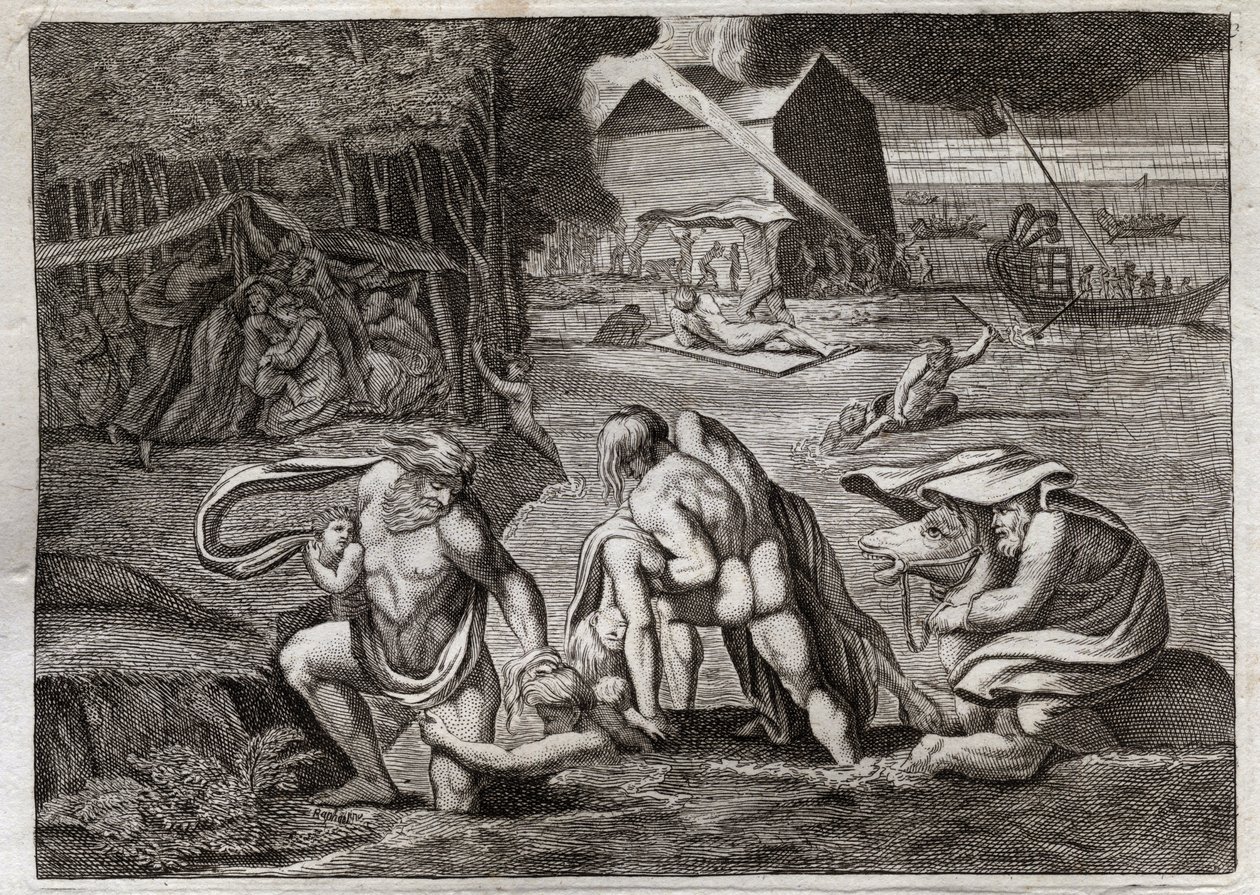 Bibelen til Royaumont, Det gamle testamente: Syndfloden. Syndfloden oversvømmer hele jorden. Den eneste arken redder de som var innelåst i den fra denne forliset. Illustrasjon fra 1811. av Unknown artist
