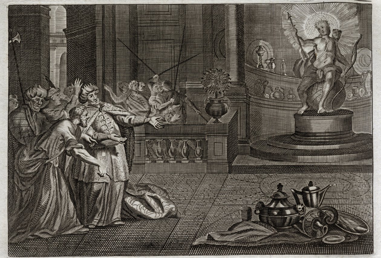 Bibelen til Royaumont, Det gamle testamente: Idolet til Bel. Daniel ødela Idol of Bel, og drepte en drage som babylonerne tilbad. Illustrasjon fra 1811. av Unknown artist
