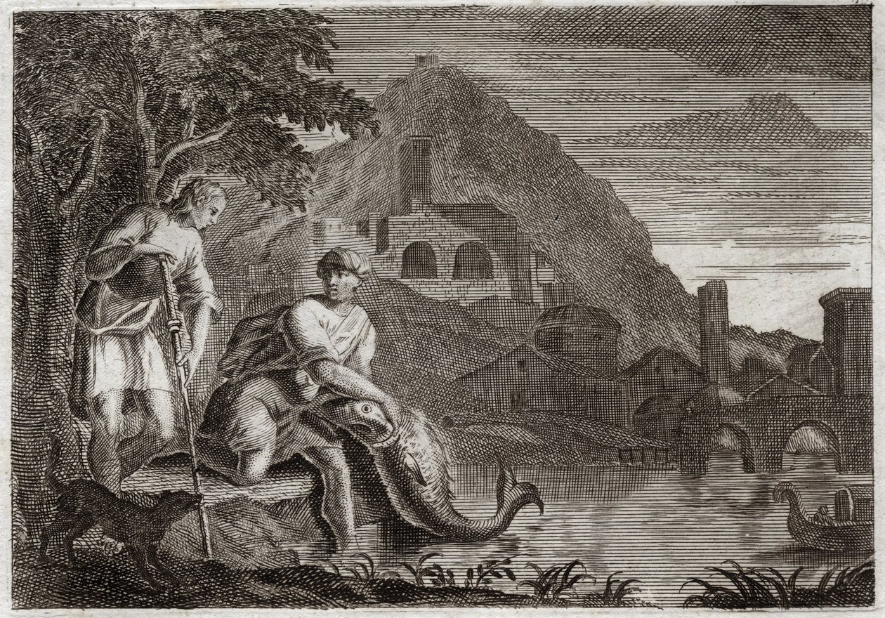 Bibelen til Royaumont, Det gamle testamente: Engelen veileder Tobie. Unge Tobie er livredd av en fisk (mirakuløst) som ønsket å spise ham. Angel Raphael kommer etter Guds ordre for å veilede ham på en reise han måtte gjøre. Illustrasjon fra 1811. av Unknown artist