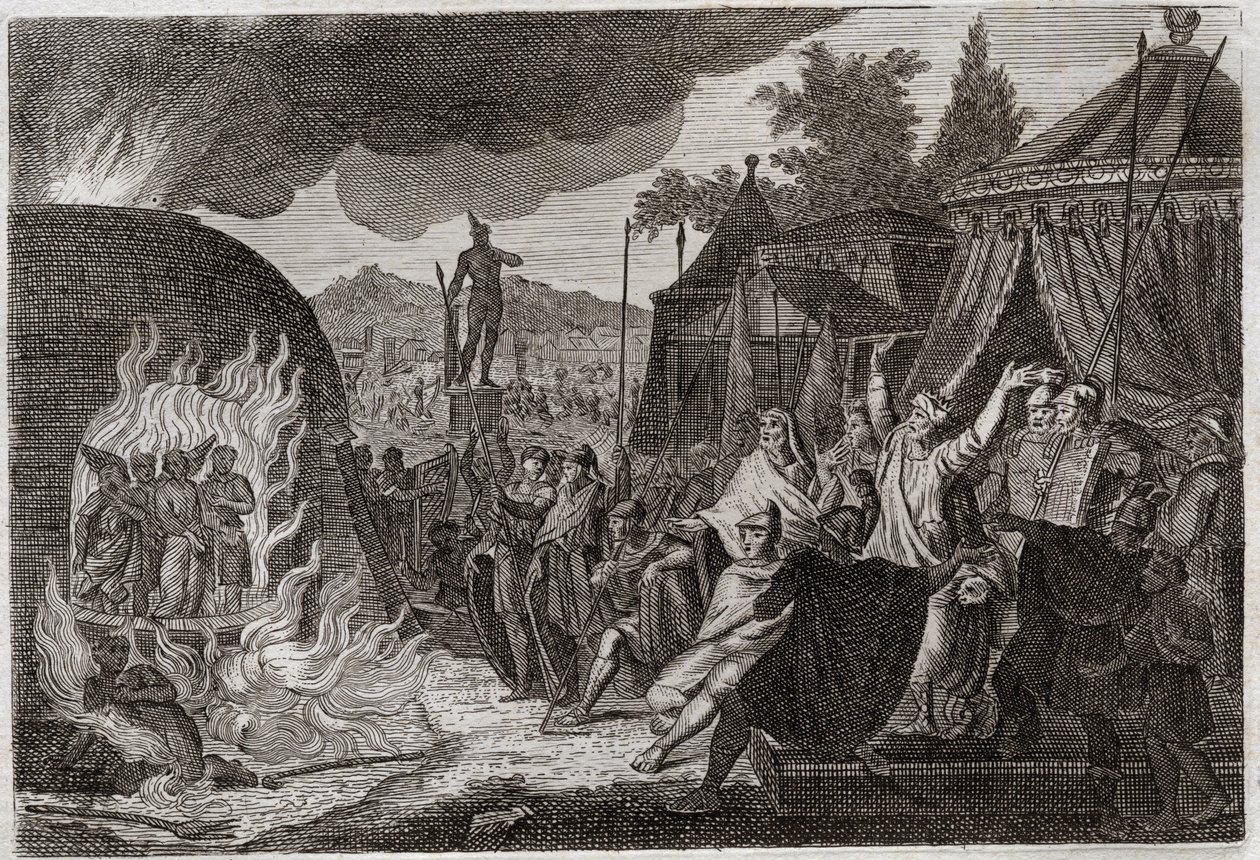 Bibelen til Royaumont, Det gamle testamente: Babylons tre barn i ovnen. Kong Nebukadnesar II kaster tre unge hebraiske menn inn i en brennende ovn, hvorfra de på mirakuløst vis blir befridd. De kalles Ananias, Azarias og Misael (eller Shadrac av Unknown artist
