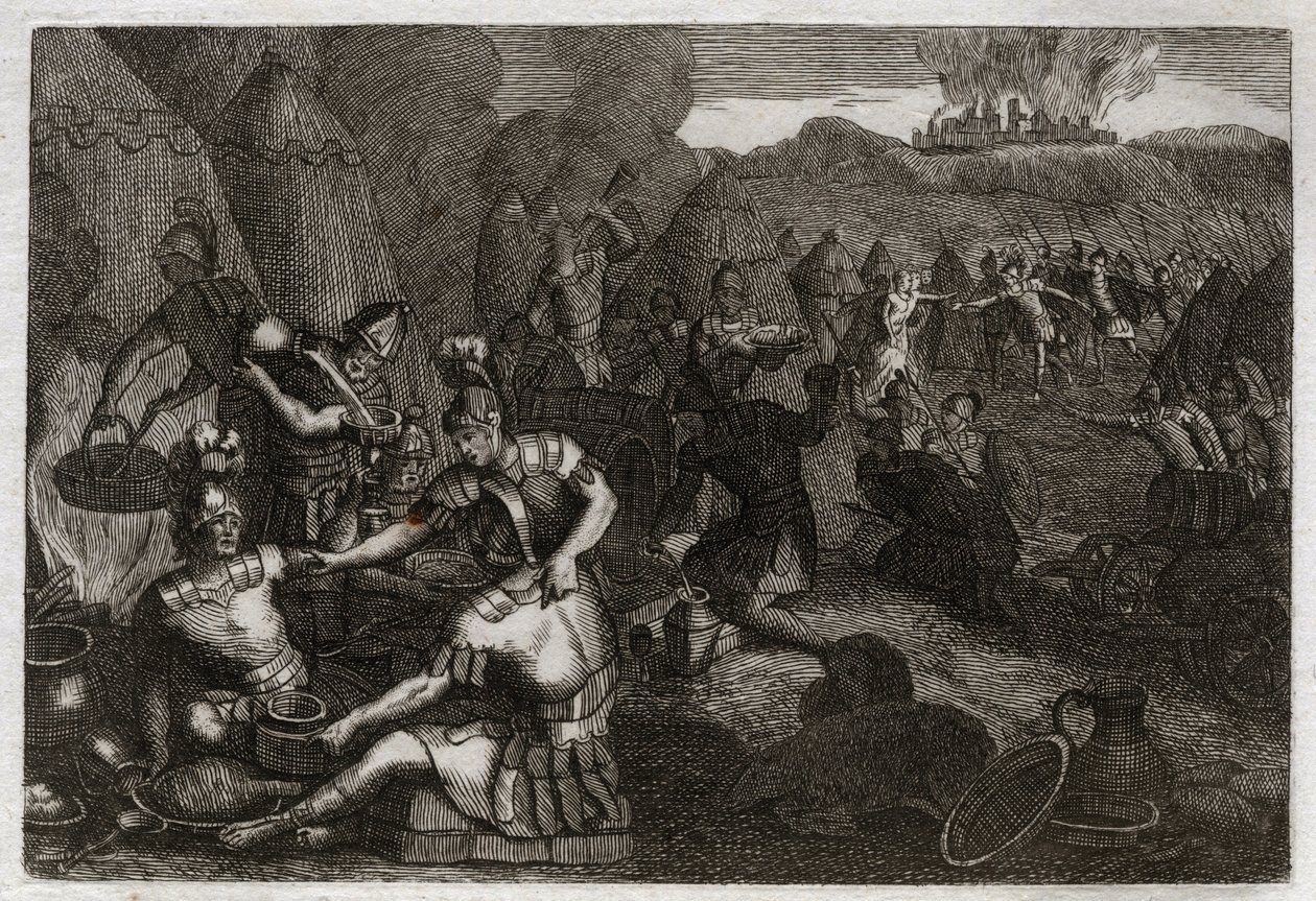 Bible of Royaumont, Old Testament: Thieves of Siceleg. Some Amalekites come to plunder Siceleg in the absence of David. He runs furious and loses them. Illustration from 1811. av Unknown artist