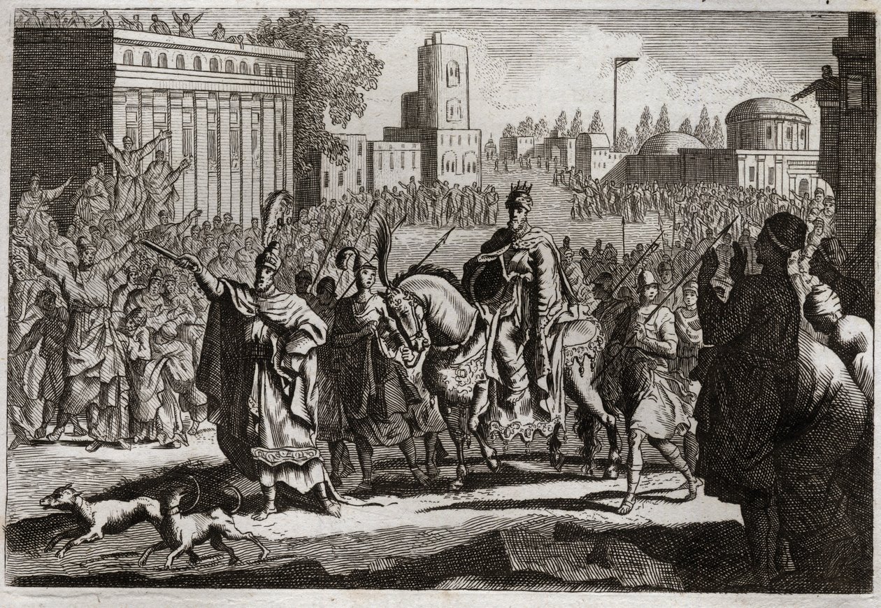 Bible of Royaumont, Old Testament: Triumph of Mardochee. Aman (Haman) is forced by the King to publish the triumph of Mardochee (or Mordekhai or Mordecai) his enemy throughout the city of Susan (better known as Susa). Illustration from 1811. av Unknown artist