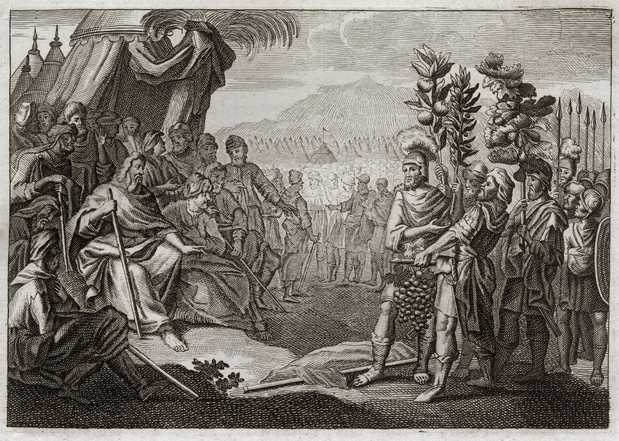 Bibelen til Royaumont, Det gamle testamente: Tolv spioner. Moses sendte tolv spioner for å anerkjenne landet Kanaan (det lovede land). De får folket til å hviske, og Gud, for å straffe dem med denne murringen, forsikrer dem om at de aldri vil komme inn på  av Unknown artist