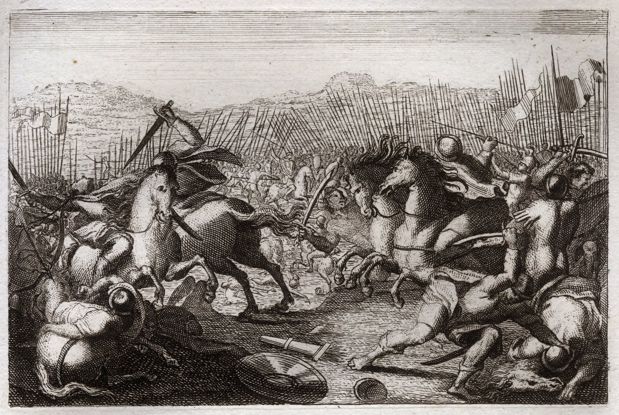 Bibelen til Royaumont, Det gamle testamente: Judas seier. Judas Maccabee (Maccabee, Maccabee) beseiret Apollonius, Seron, Ptolemaios Macron, Gorgias, Nicanor og Lysias i forskjellige slag. Illustrasjon fra av Unknown artist