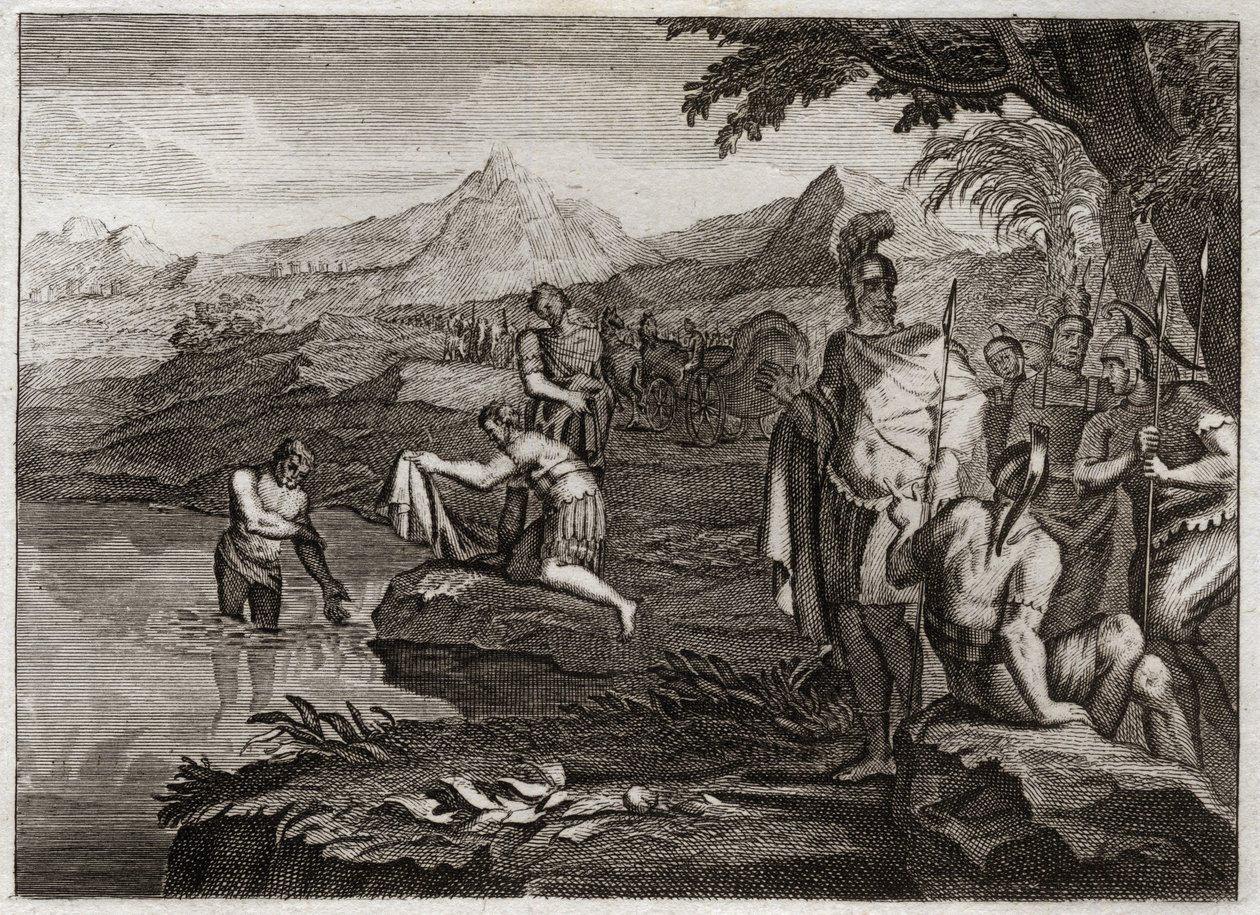 Bible of Royaumont, Old Testament: War of Naaman. Naaman, general of the army of the King of Syria, came to find the Prophete Elisee to be healed of his leprosy. Illustration from 1811. av Unknown artist