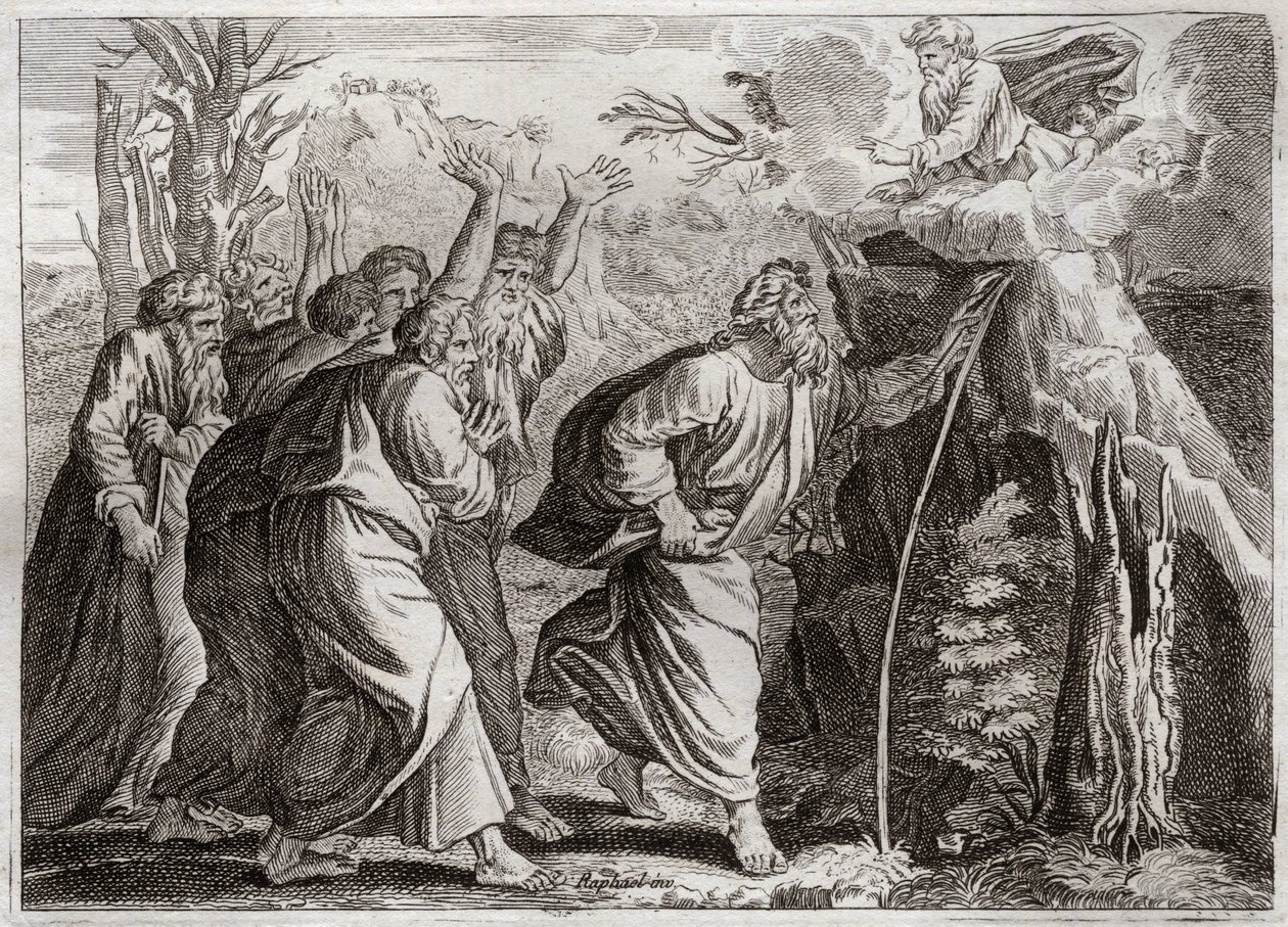 Bibelen til Royaumont, Det gamle testamente: Vann fra klippen. Moses fører vann ut av klippen og gir Israels folk å drikke. Illustrasjon fra 1811. av Unknown artist
