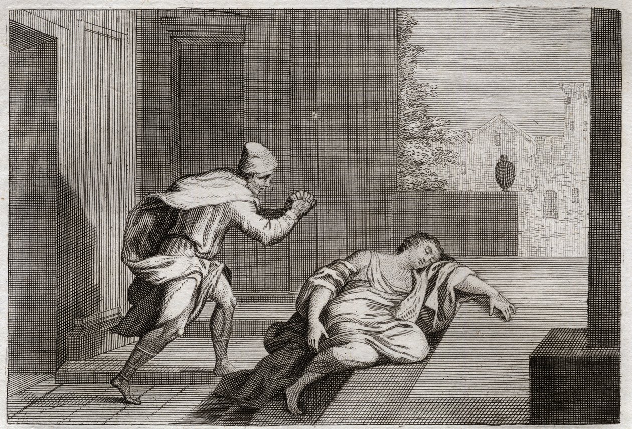 Bibelen til Royaumont, Det gamle testamente: Woman of the Outragee Levite. Levittens kone ble funnet død ved døren etter å ha blitt mishandlet av kjeltringer. Illustrasjon fra 1811. av Unknown artist
