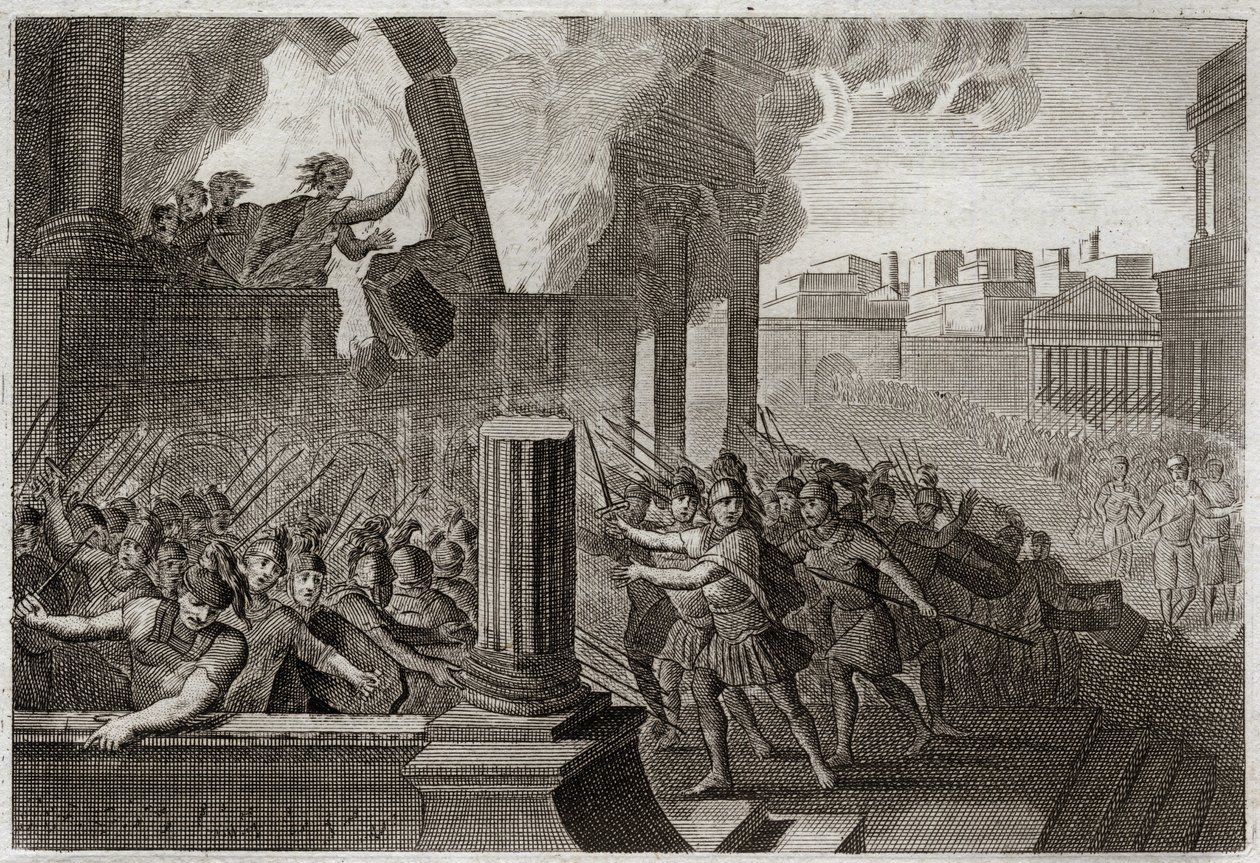 Bible of Royaumont, Old Testament: Zambri burns. Zambri, having revolted against Ela, the fourth king of Israel, is siege in Thersa, where he burns himself, with all his family, in his palace. Illustration from 1811. av Unknown artist