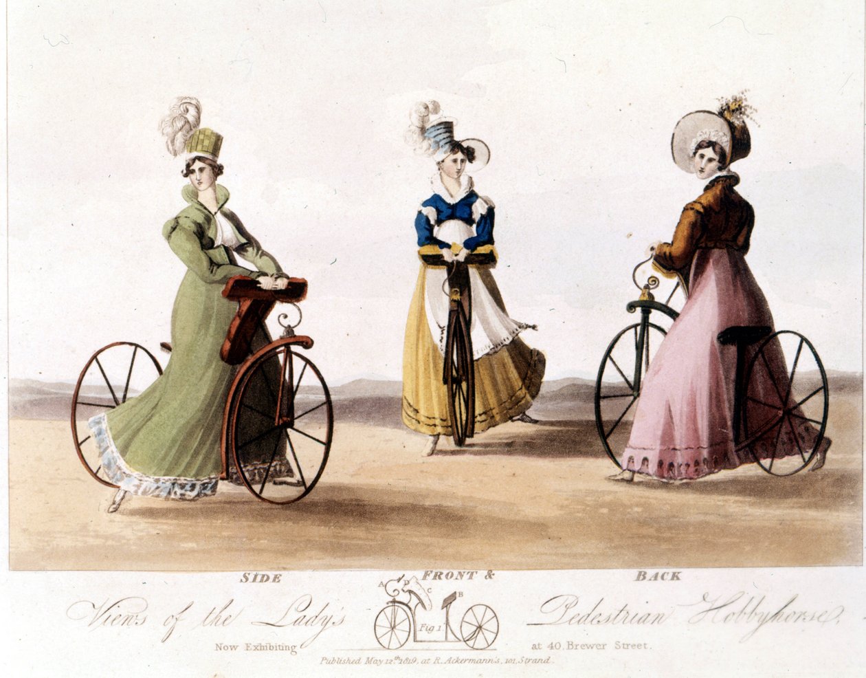 Sykkel for kvinner forfra, fra siden og bak. Dette er modellen oppfunnet av Baron von Drais: Draisienne. Den var laget av tre og det var ingen pedaler ennå. Fargelitografi fra 1819. av Unknown artist