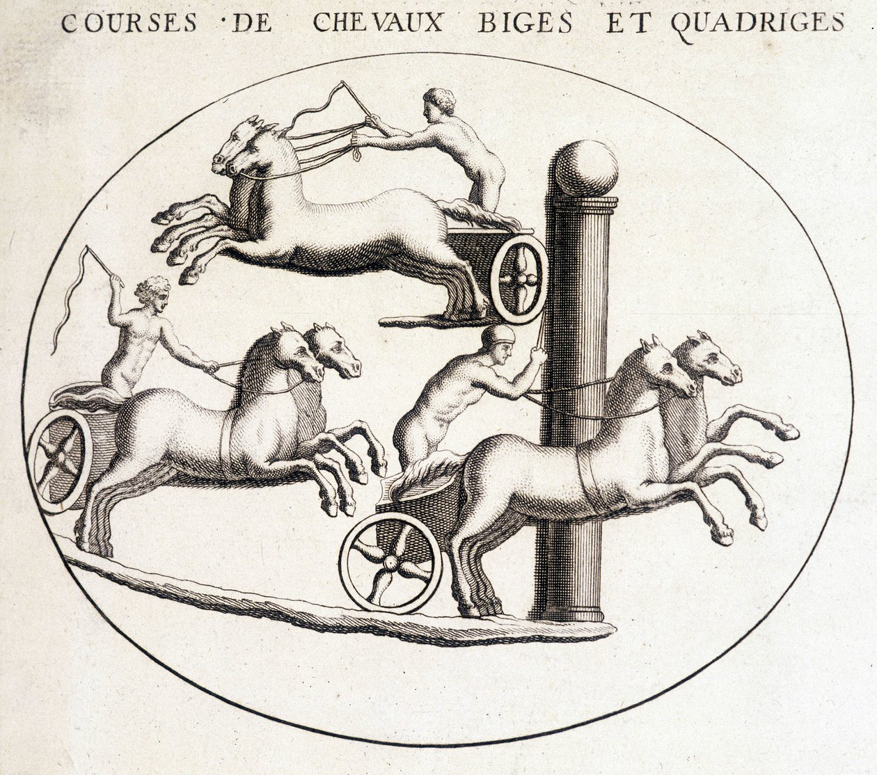 Biges og quadriges hesteveddeløp. 1800-talls gravering. av Unknown artist