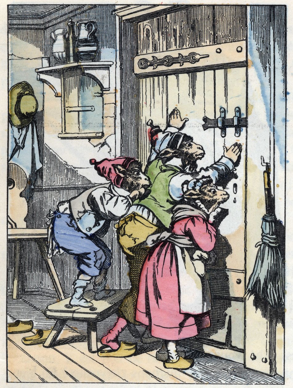 Biquets listen to who knocks on the door. Illustration of the tale “Compere le Loup, Maitre Renard, Comere la Chevre et ses petits biquets”” after a fable by Jean de la Fontaine. In “” Tales from the home for the little ones””. Anonymous engraving of the 1 av Unknown artist