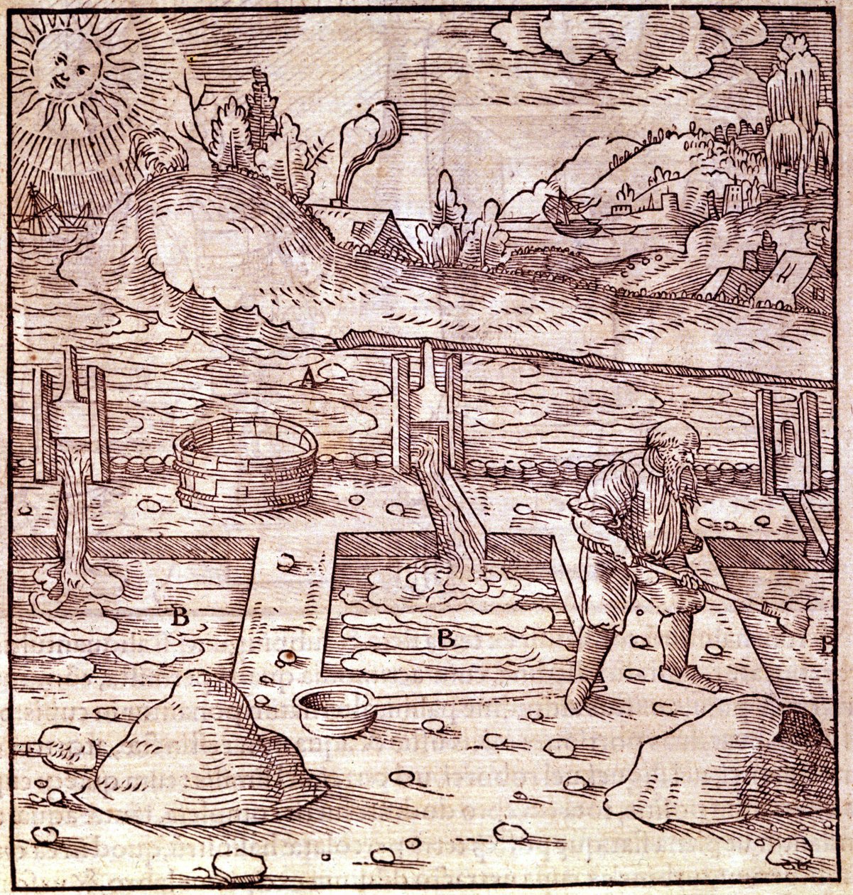 Bitumenhøsting. Georg Bauer Agricola "De Re metallica"" bok fra 1500-tallet. Bibl. fra Vitenskapsmuseet, Milano. av Unknown artist