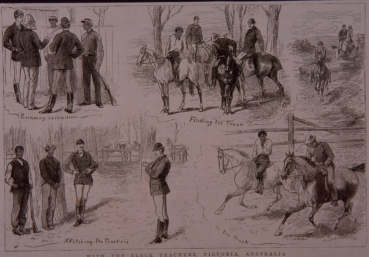 Black Trackers på sporet av bushrangers i Victoria, Australia i 1881 (gravering) av Unknown artist