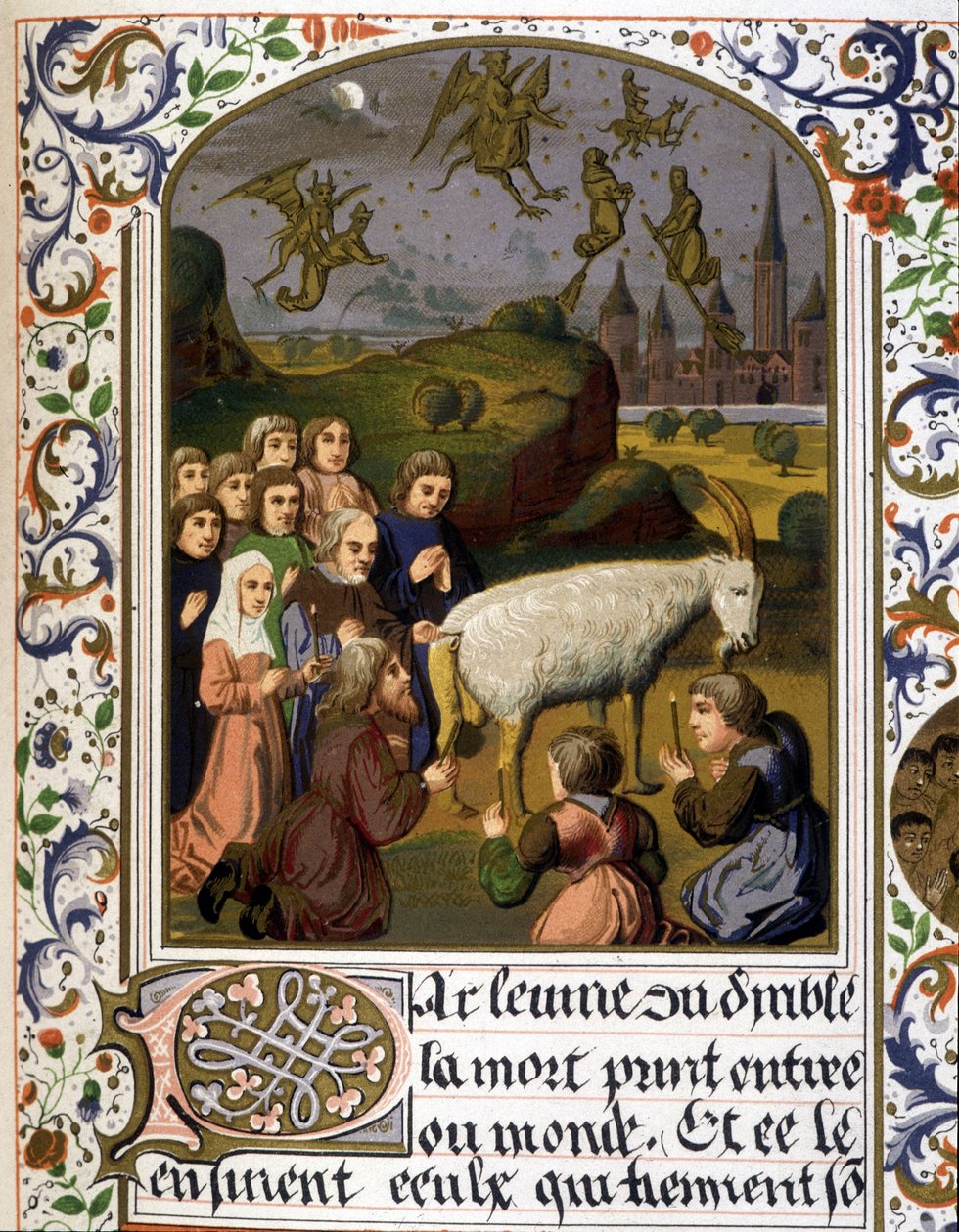 Svart messe rundt en geit mot en sabbatsscene - Faksimile av en belysning av Unknown artist