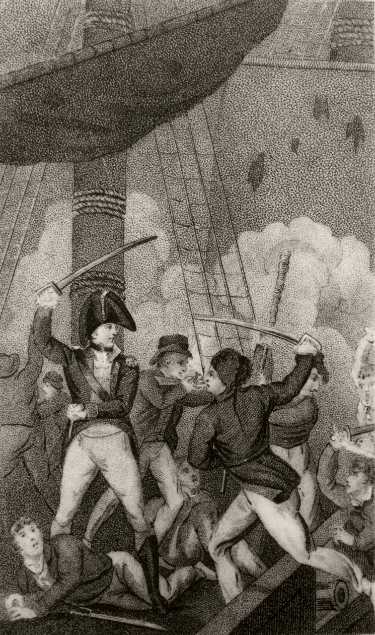 Blackbeard går ombord på Pearl, kommandert av løytnant Maynard av Unknown artist