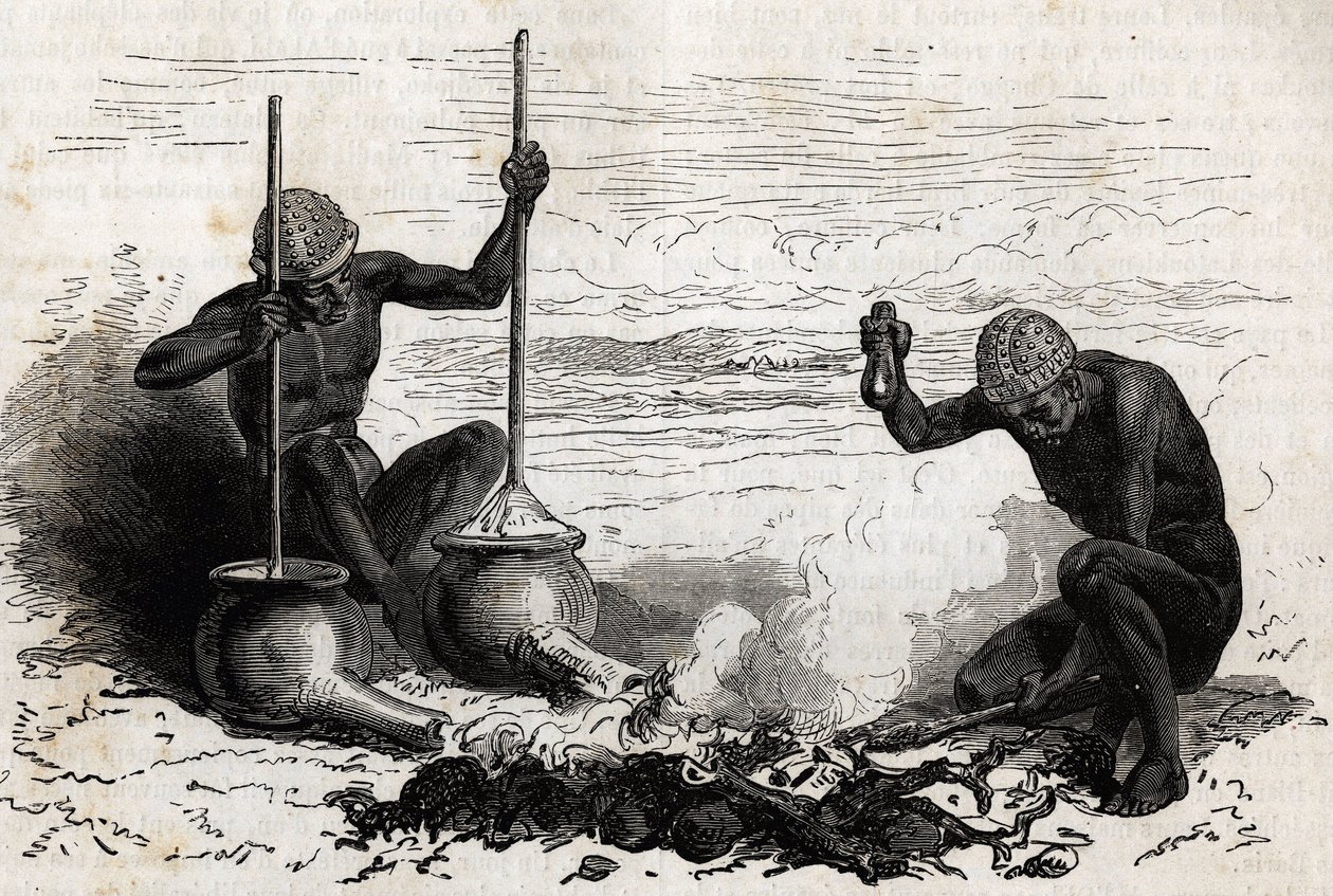 Smeder Lakoutas (stamme som ligger i Upper Nile-regionen), en gaffelgren fungerer som tang, to steiner fungerer som hammer og ambolt, to jordpotter med lange rør ved bunnen fungerer som belg for trekullild, pottene er faste med en stykke s av Unknown artist
