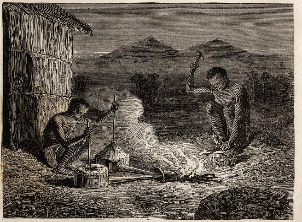 Smeder i Simiango, ved bredden av elven Zambese. Gravering for å illustrere Dr. Livingstones første reiser til Sør-Afrika fra 1840 til 1856, i «Le tour du monde, nouveau journal des voyages»» publisert under ledelse av Edouard Charton av Unknown artist