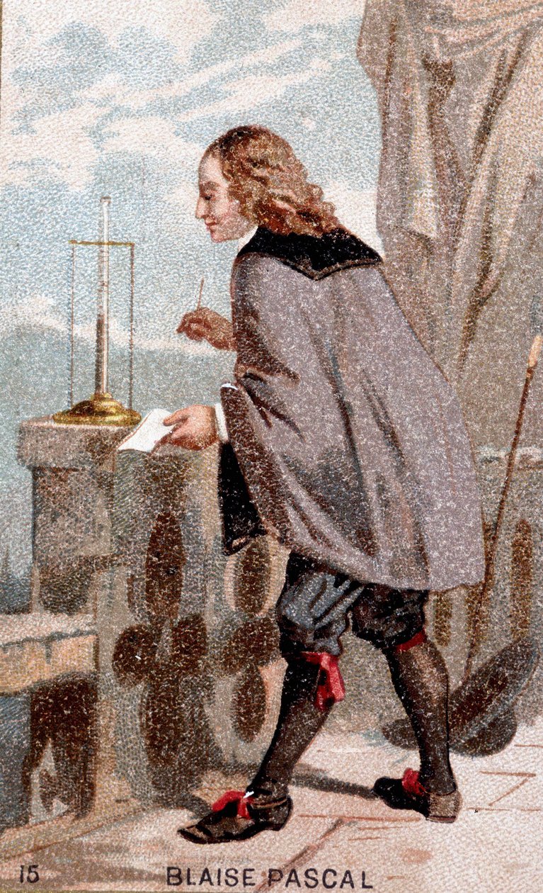 Blaise Pascal (1623 - 1662) foran et barometer av Unknown artist