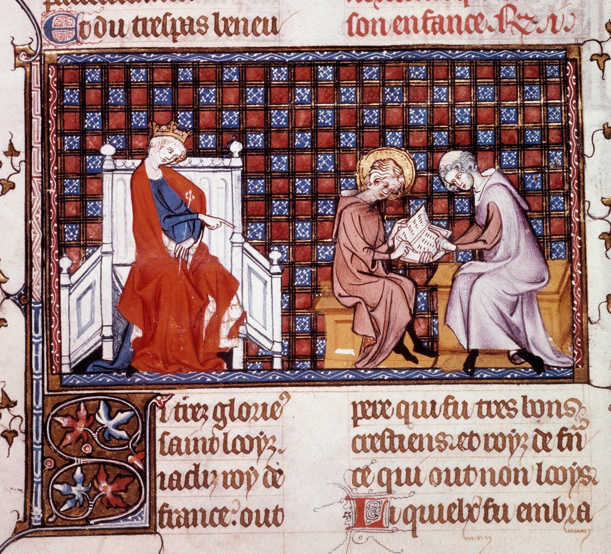 Blanche de Castille, dronning av Frankrike (1188-1252), leder utdannelsen til sønnen Louis IX (1214-1270) (Saint Louis Miniature fra et manuskript "Life and Miracles of Saint Louis" av William av Saint Pathus av Unknown artist