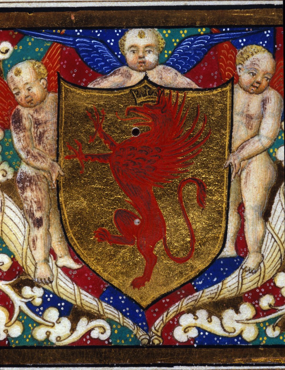 Blazon dekorerer en griffon krone på gull bakgrunn. Detalj av en miniatyr. av Unknown artist
