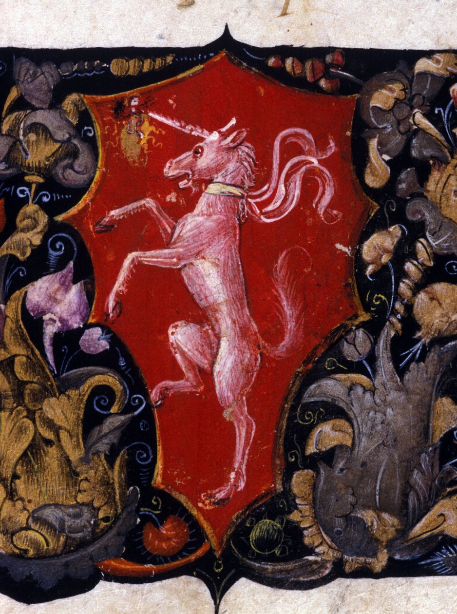Blazon som dekorerer en enhjørning på rød bakgrunn. Detalj av en miniatyr. 1400-tallet av Unknown artist