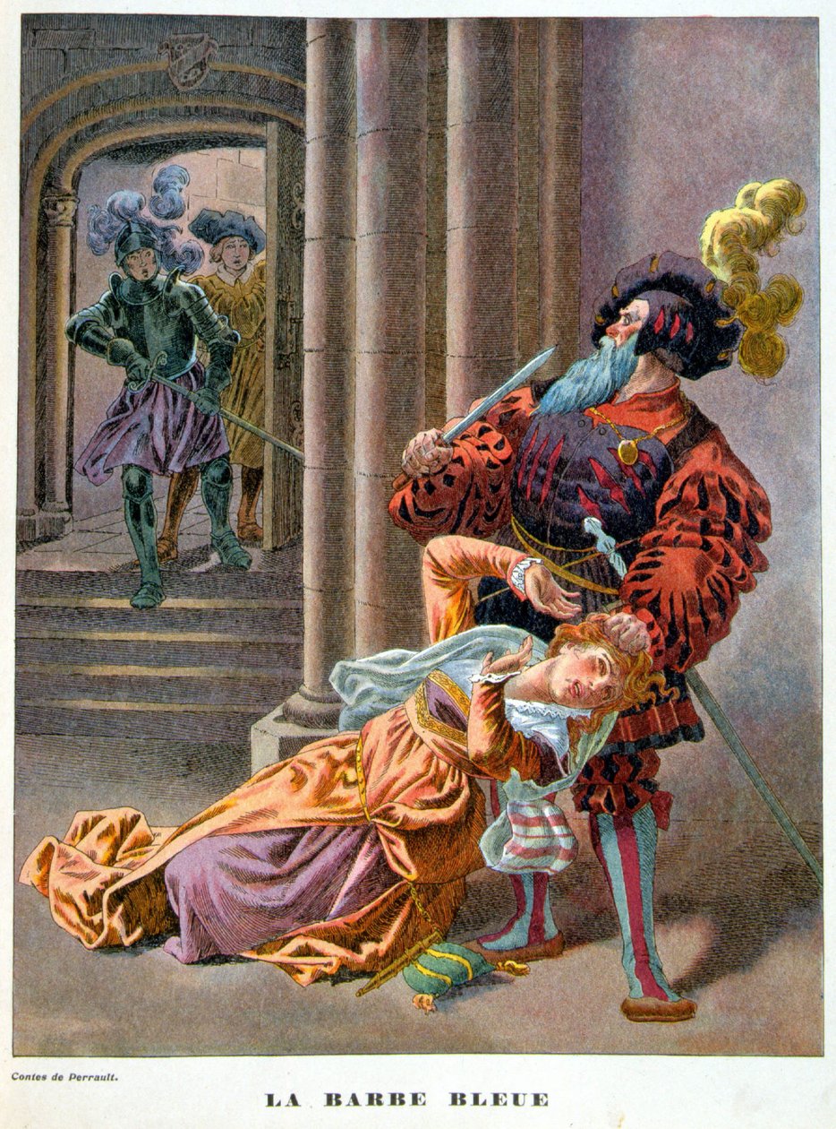 Blått skjegg (overrasket over å ta en kvinne i håret). 1800-tallsillustrasjon. av Unknown artist