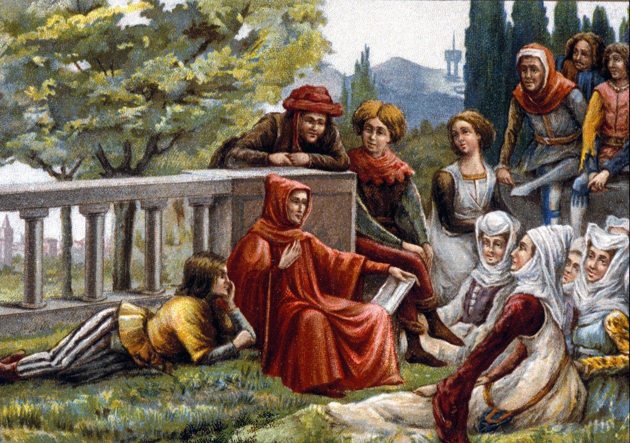 Boccaccio (Boccaccio) leste Decameron for vennene sine under pestepidemien i Firenze rundt 1348. kromolitografi fra slutten av 1800-tallet. av Unknown artist