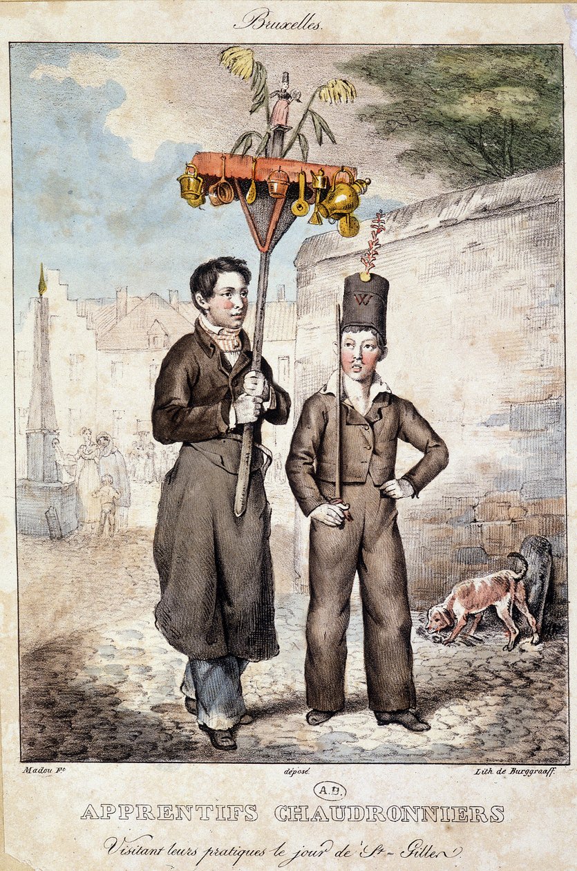 Kjelemakerlærlinger besøker praksisen deres på St Gillen-dagen (Brussel) - Litografi, deb. 1800-tallet av Unknown artist