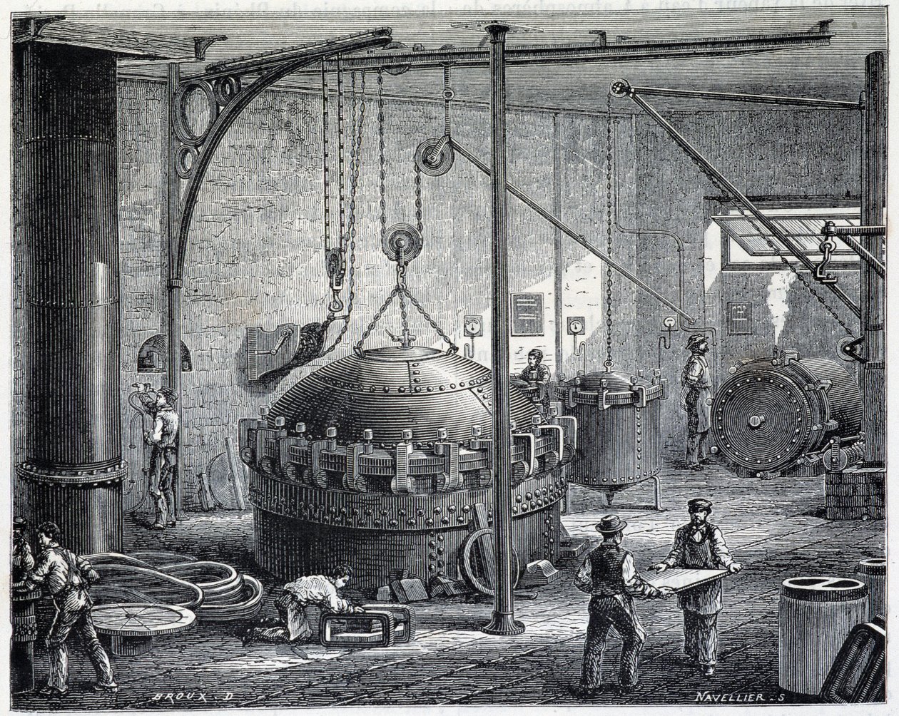 Kjeler for vulkanisering av gummi med våt damp - i "" The wonders of industry"" av Louis Figuier av Unknown artist
