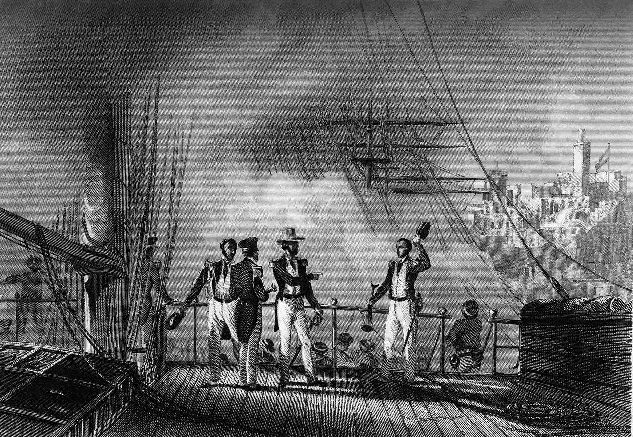 Bombardement of Tangier by the Prince of Joinville. in “Histoire générale de la marine” by Van Tenac av Unknown artist