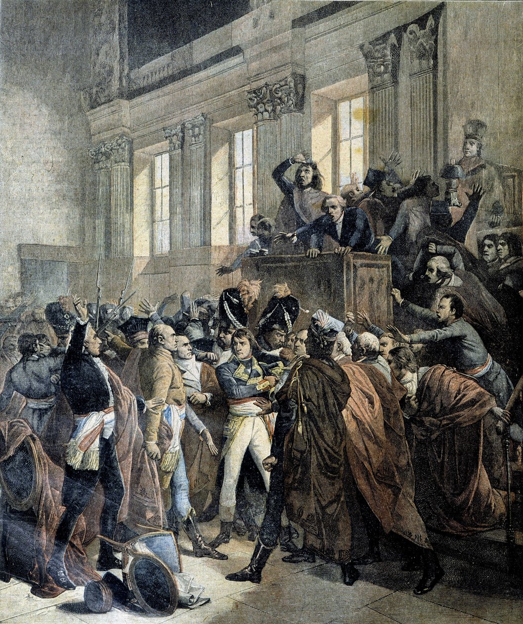 Bonaparte ved statskuppet av 18 brumaire i Chamber of the Council of Five Cents (Cinq Cents) (salle des 500) i Saint Cloud - i "" Le Petite Journal"", 03/1893 av Unknown artist