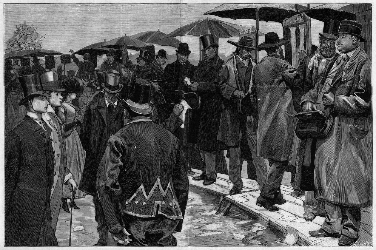 Bookmakere på veddeløpsbanen i Auteuil før stakittene ble fjernet, i "" Le Monde Illustré"" 1887. av Unknown artist