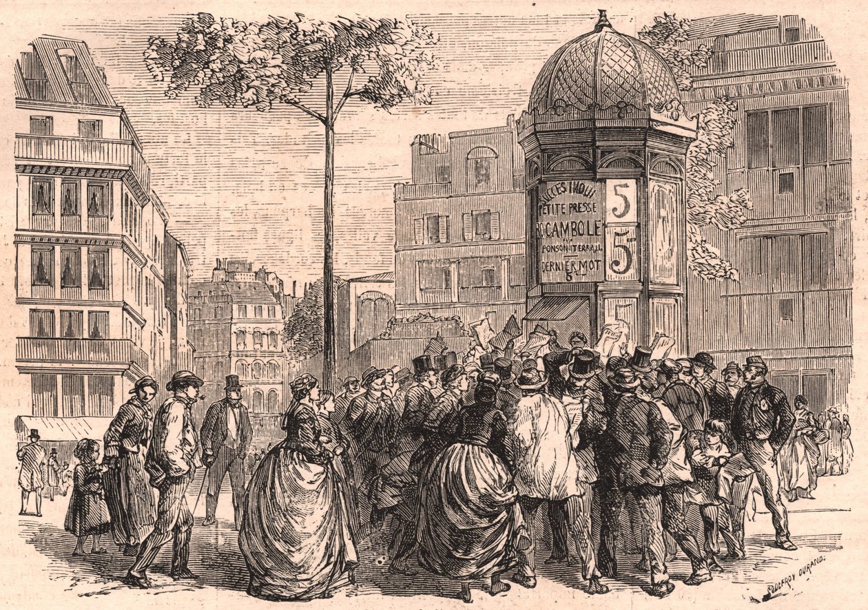 Boulevard Pigalle i Paris: Parisisk folkemengde rundt en Morris-spalte under salget av avisene av Unknown