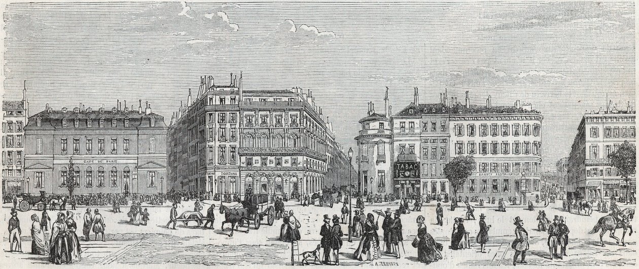 Boulevard des Italians med café de Paris, rue Taitbout, house doree, rue Lafitte, cafe Riche og rue Lepelletier - Gravering i "Tableau-de-Paris" av Edmond Texier 1852 av Unknown artist