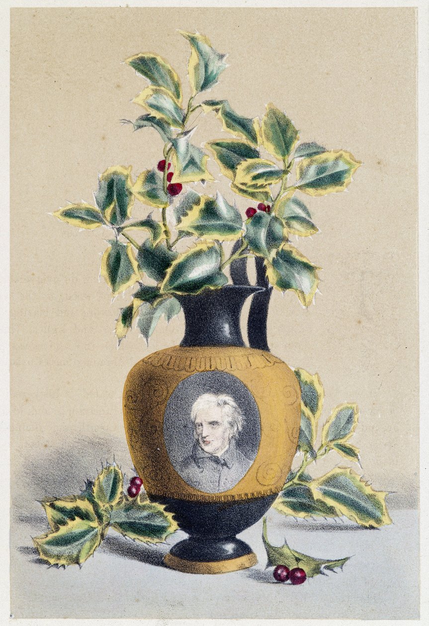 Bukett kristtorn som symboliserer vinter - litografi av Unknown artist
