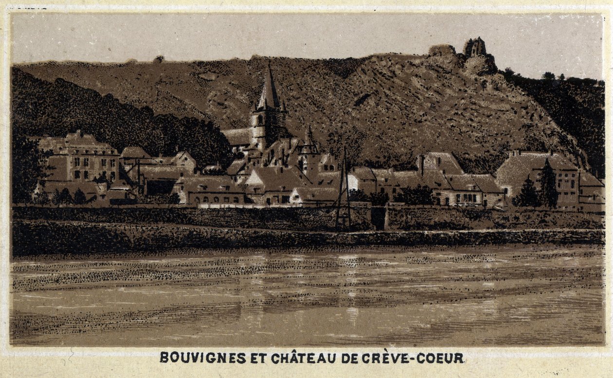 Bouvignes sur Meuse og Chateau de Creve Coeur (Creve-Coeur eller Crevecoeur), Vallonia, Belgia av Unknown artist