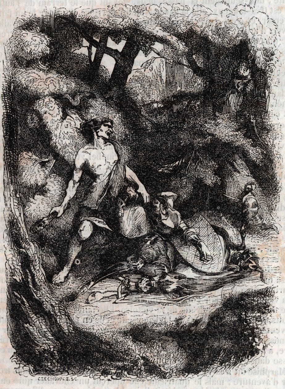 Bradamante terrassee by a giant - engraving of 1851 from “” Furious Roland”” (Orlando furioso) (16th century) by Ludovico Ariosto, known as the Ariosta - Edition translated from Italian by the Count of Tressan and published by Gustave Harvard 1851 av Unknown artist