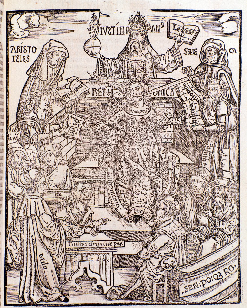 Kunnskapsgrener representert av Aristoteles (øverst til venstre) representerer Natural Philosophy, med Seneca som representerer Moral Philosophy til høyre, keiser Justinian (øverst i midten). Kvinnen i midten har et sverd og en blomstrende gren som kommer  av Unknown artist