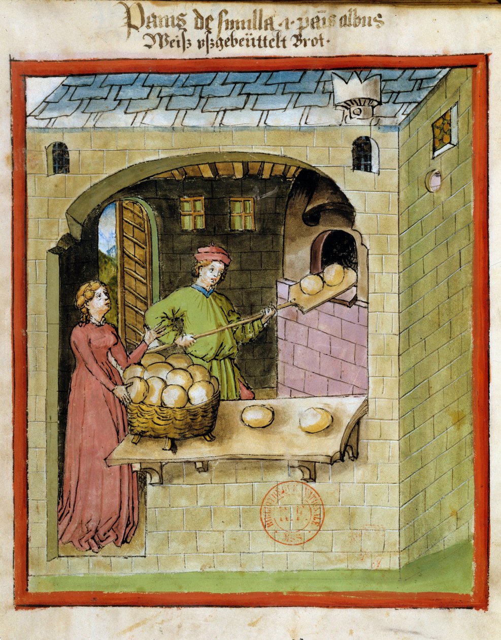 Brødlaging: en baker baker brødene. Belysning fra melking av medisin og diett "" Tacuinum sanitatis"" av Unknown artist