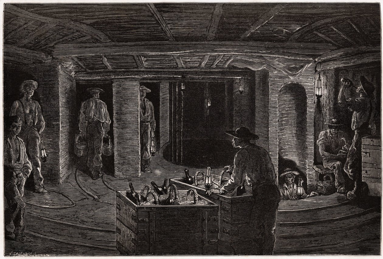 Frokost i gruven, distribusjon og forbruk av kurv-måltider til gruvearbeidere i kullgruvegalleriene i Creusot. Gravering for å illustrere en reise til Creusot og gruvene i Saone og Loire, i 1865, av L. Simonin, i "" Le tour du monde, no. av Unknown artist