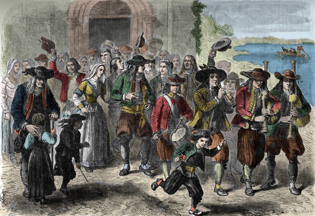 Bretonsk skikk: par unge ekteskap ved utgangen av kirken. På toppen av kortegen er spillere av biniou og tromme. Treguennec, Finistere (29) av Unknown artist