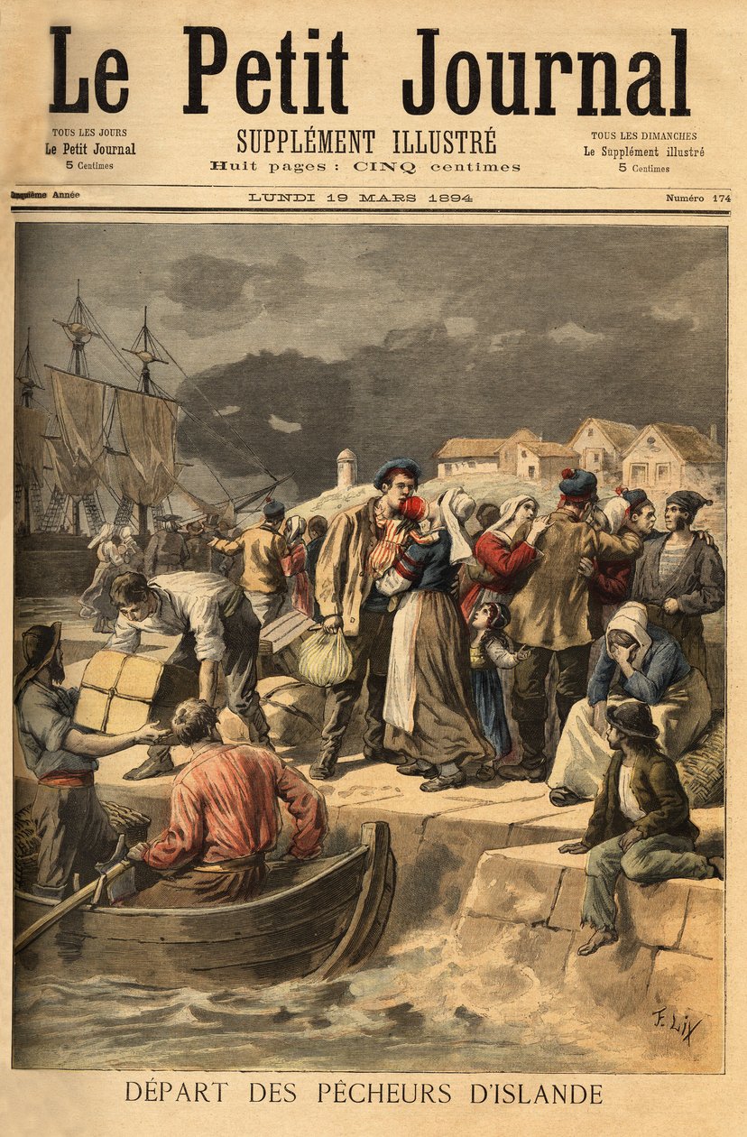 Bretonske sjømenn forlater Paimpol om våren for å søke etter torsk på kysten av Island eller Newfoundland (Newfoundland). Gravering i “” Le petit journal”” 19/03/1894. Selvas samling. av Unknown artist