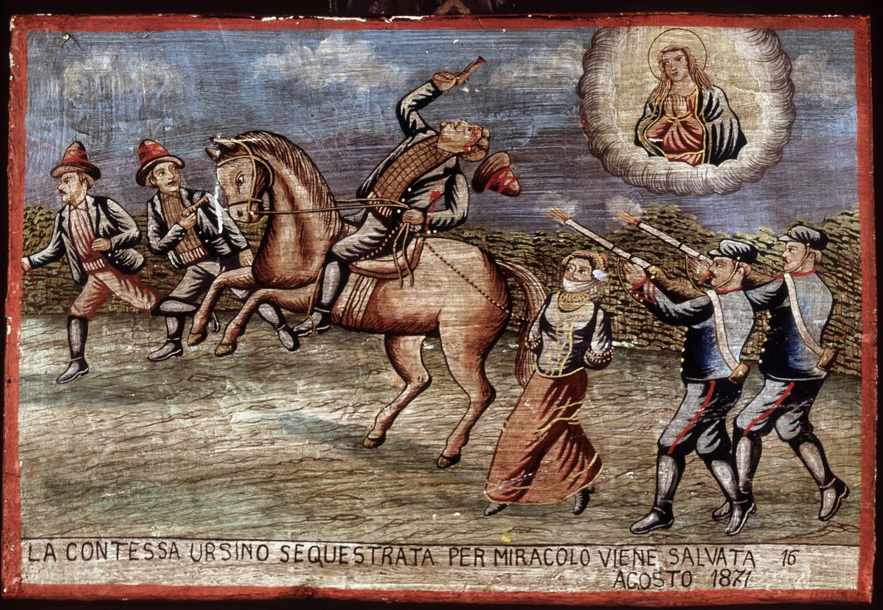 Brigandage, ex-voto i 1871: Grevinne Ursino har nettopp blitt mirakuløst reddet. av Unknown artist
