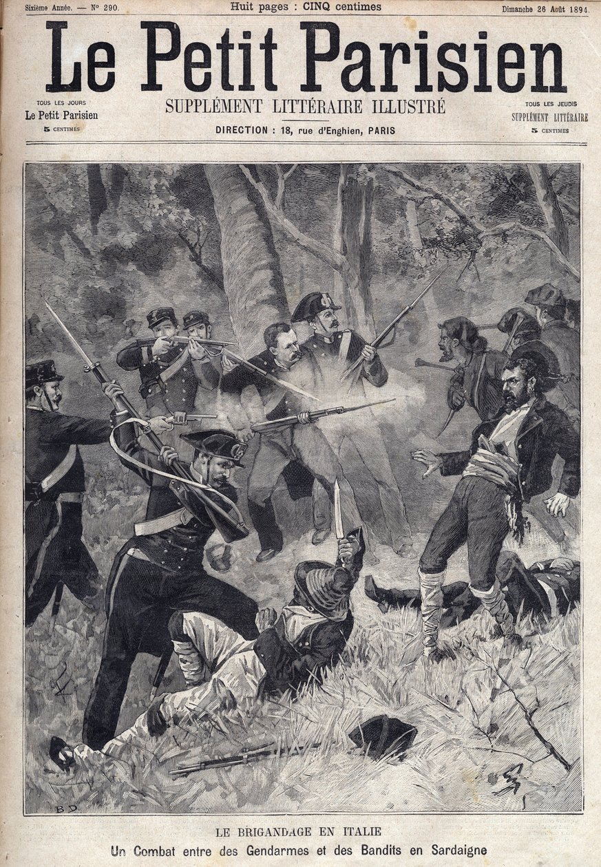 Brigandage i Italia: en kamp mellom gendarmer og banditter på Sardinia. (Briganti Sardi, Sardegna) Gravering i "" Le Parisien"" av Unknown artist