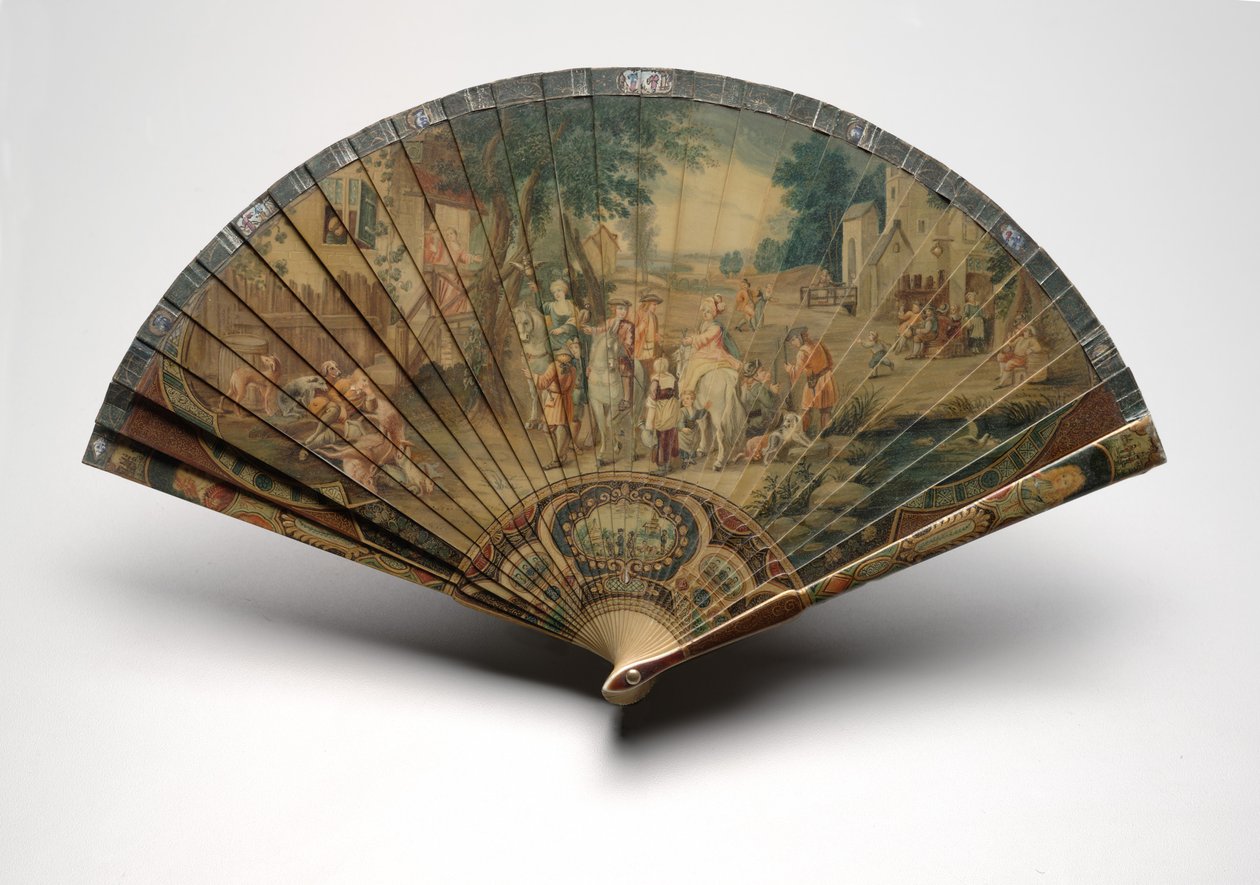 Brisé-fan med en jaktscene, ca. 1880-1900 (olje på celluloidblader, papirbånd, imitert skilpaddeskall og messing) av Unknown artist