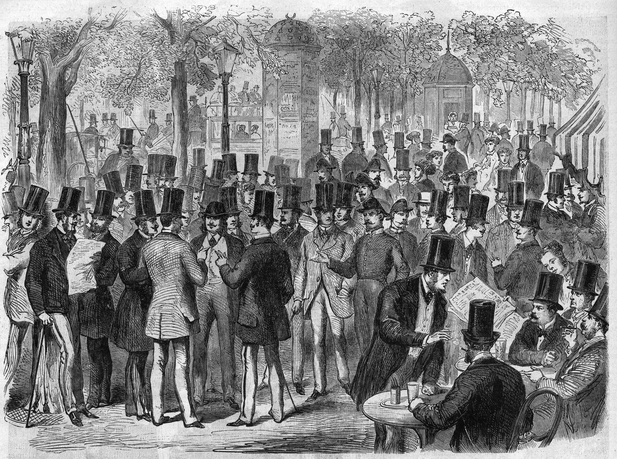 Meglere nær den lille Bourse du Boulevard des Italians i Paris, Frankrike. Gravering i "The Illustrous Universe" av Unknown artist