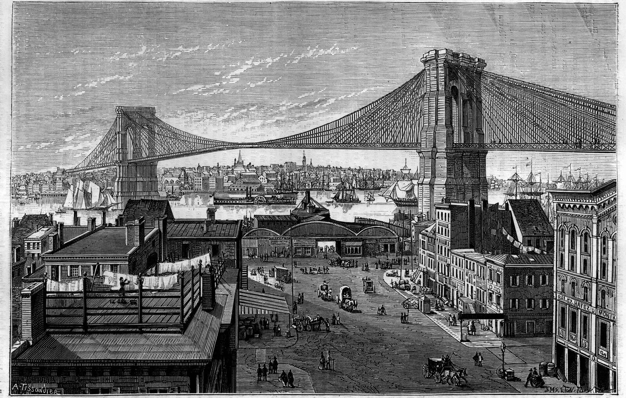 Brooklyn Bridge. Begynner i 1869, under bygging på tidspunktet for gravering, den vil være ferdig i 1883. New York (New York), USA (USA). Gravering i "" La Nature: revue des sciences et de leurs applications aux arts et a l