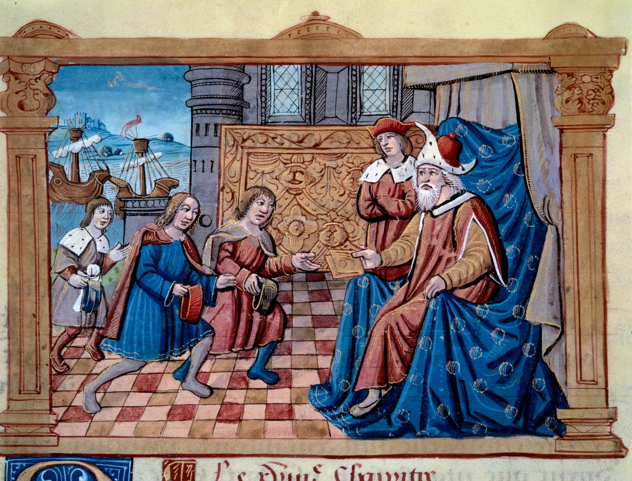 Brødrene Nicolo og Matteo Polo, far og onkel til den unge Marco Polo (1254-1324) ble mottatt i hoffet til Qubilai (Kubilai Khan, første keiser av det mongolske Yuan-dynastiet (1215-1294), mongolsk keiser i 1271. Miniatyr hentet fra "" The B av Unknown artist