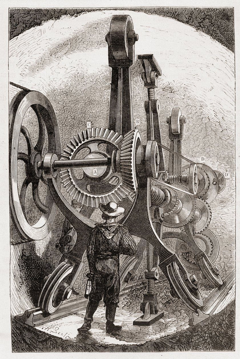 Brunton-maskin for tunnelgraving i myke steiner - i "" The new conquests of science: electricite"" av Louis Figuier, sd av Unknown artist