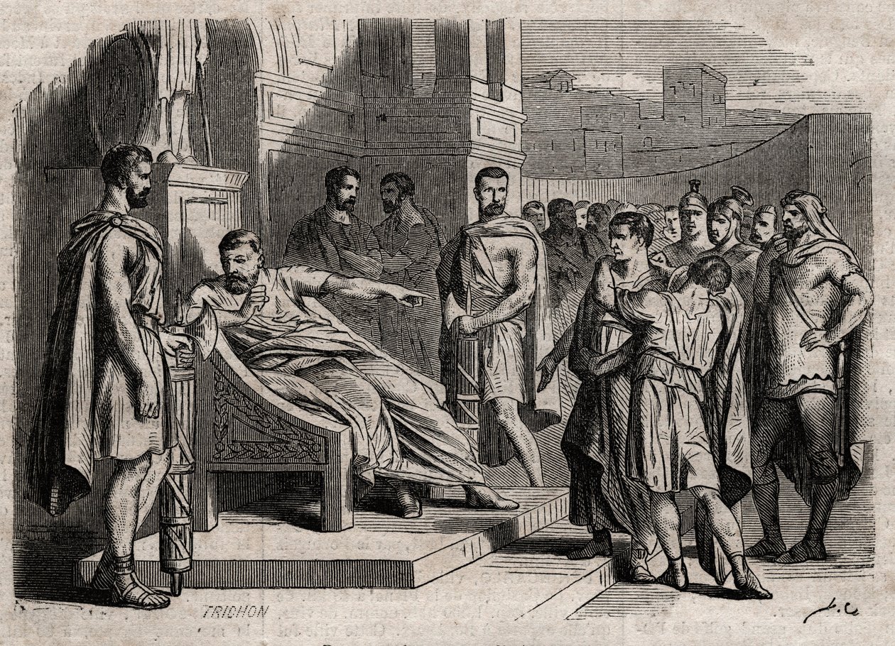 Brutus som dømmer sønnen sin til døden - Brutus (Marcus Junius Brutus, 85-42 f.Kr.) som dømmer sønnene sine til døden - gravering i "" Dictionnaire populaire illustrious" - 1864 - av Joseph Decembre og Edmond Allonier - av Unknown artist